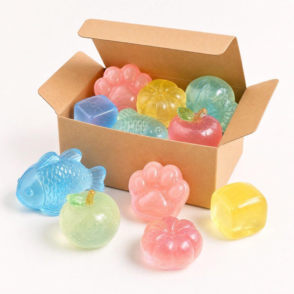 Mystery squishy box with pastel translucent jelly squeeze toys on a clean background