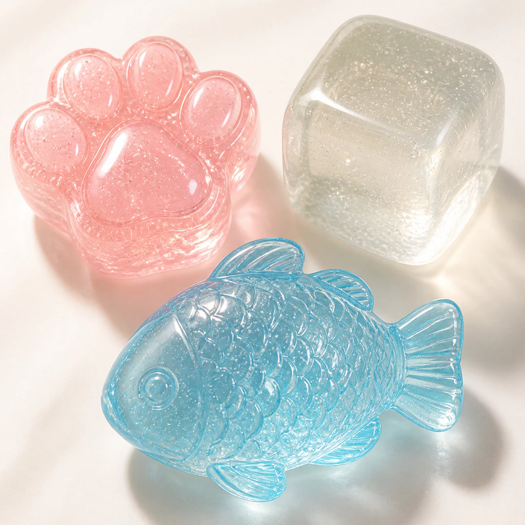Close-up of pastel translucent jelly squishy toy textures