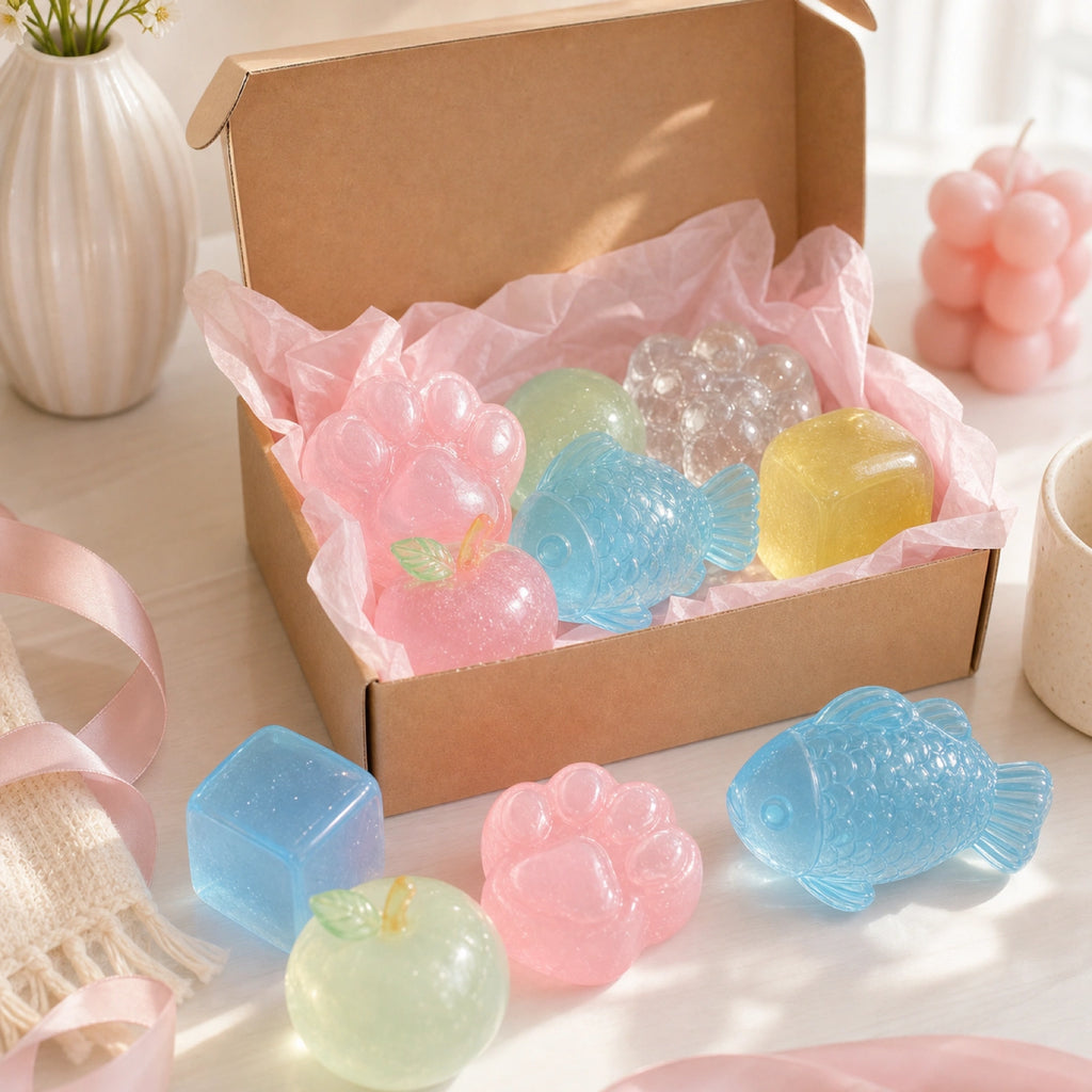 Mystery squishy box styled as a pastel gift with translucent jelly squeeze toys