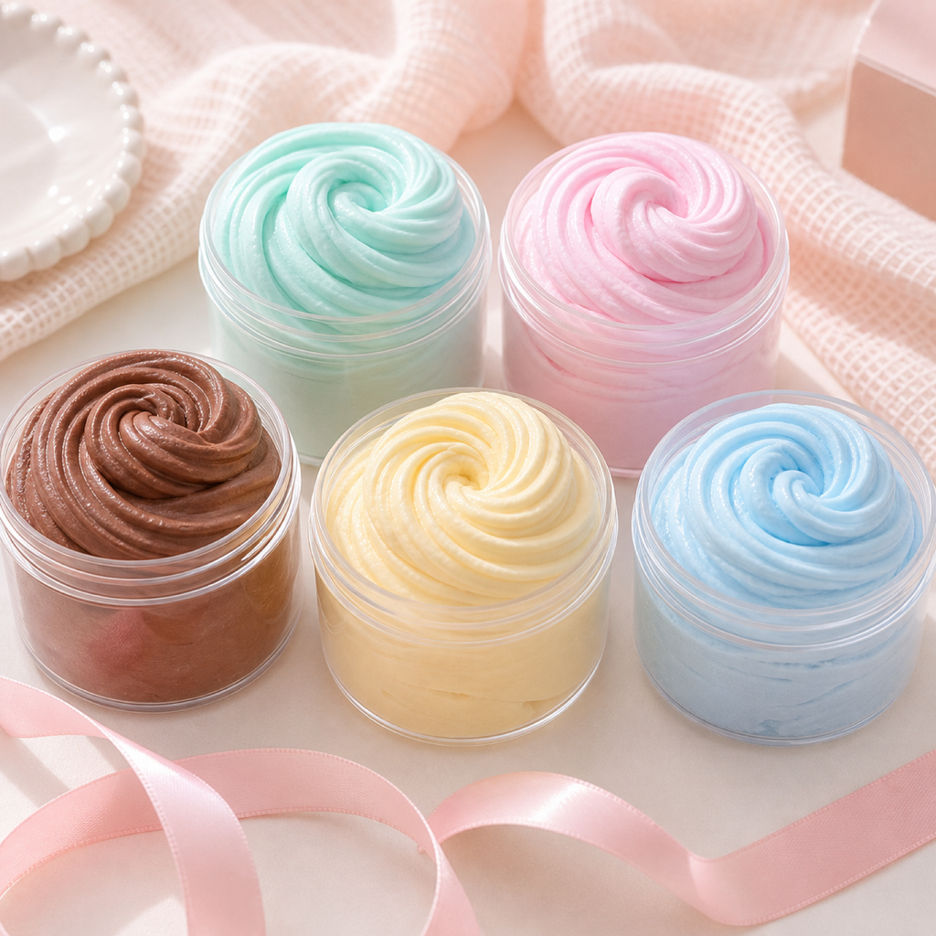 Five pastel butter slime tubs styled on a cozy craft desk