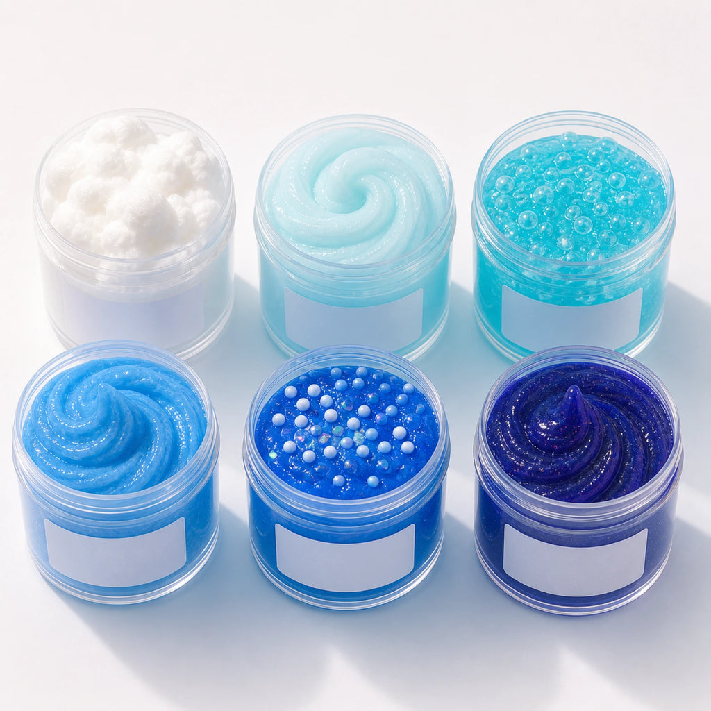 Blue ocean six tub slime kit arranged on a clean background
