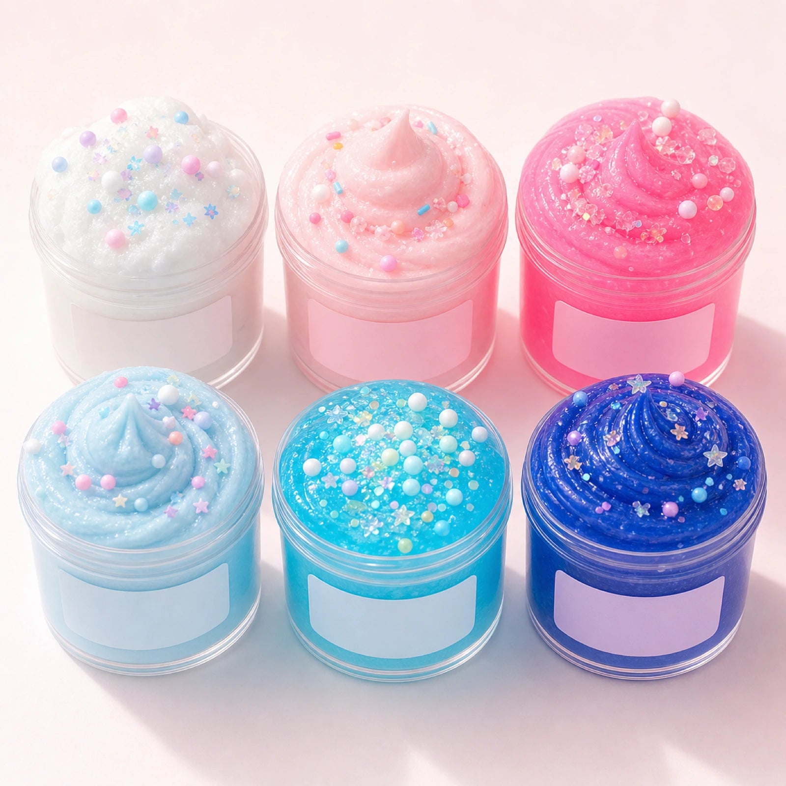 Pink and blue six tub slime kit arranged on a clean background