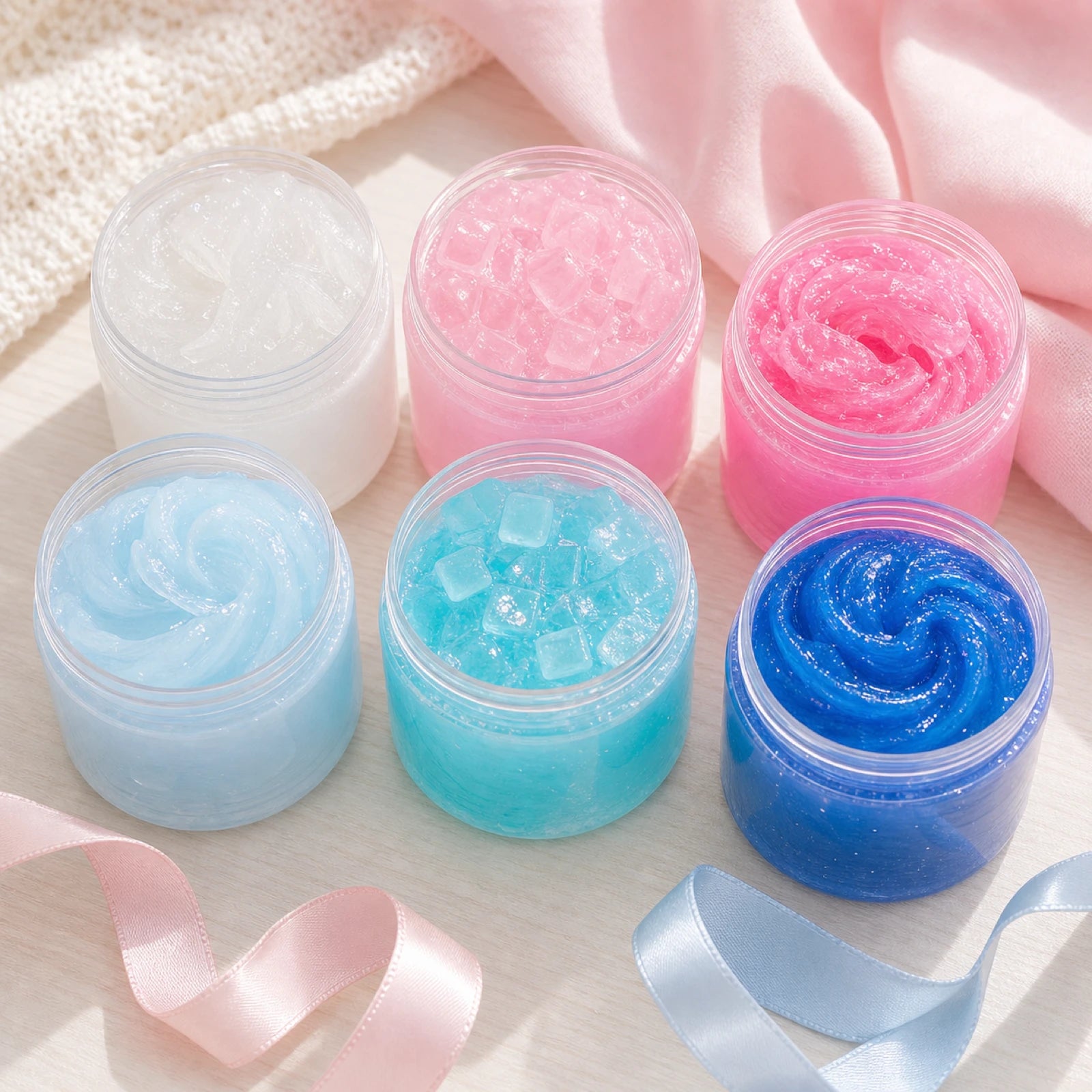 Pink and blue slime tubs styled on a cozy pastel desk