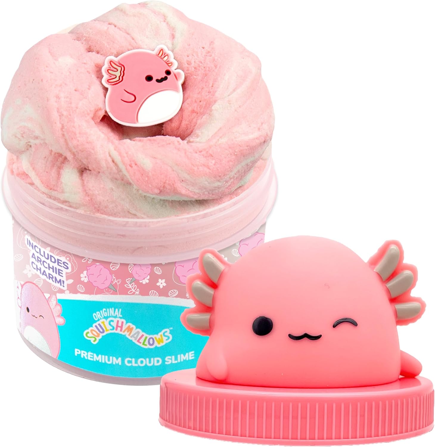 Original Squishmallows Archie The Axolotl Premium Cloud Slime, Cotton Candy-Scented, 8 oz., Storage Container with Figurine Topper, Rubber Charm, Goodie Bags Stuffers, Kids Party Favors, Sensory Toys