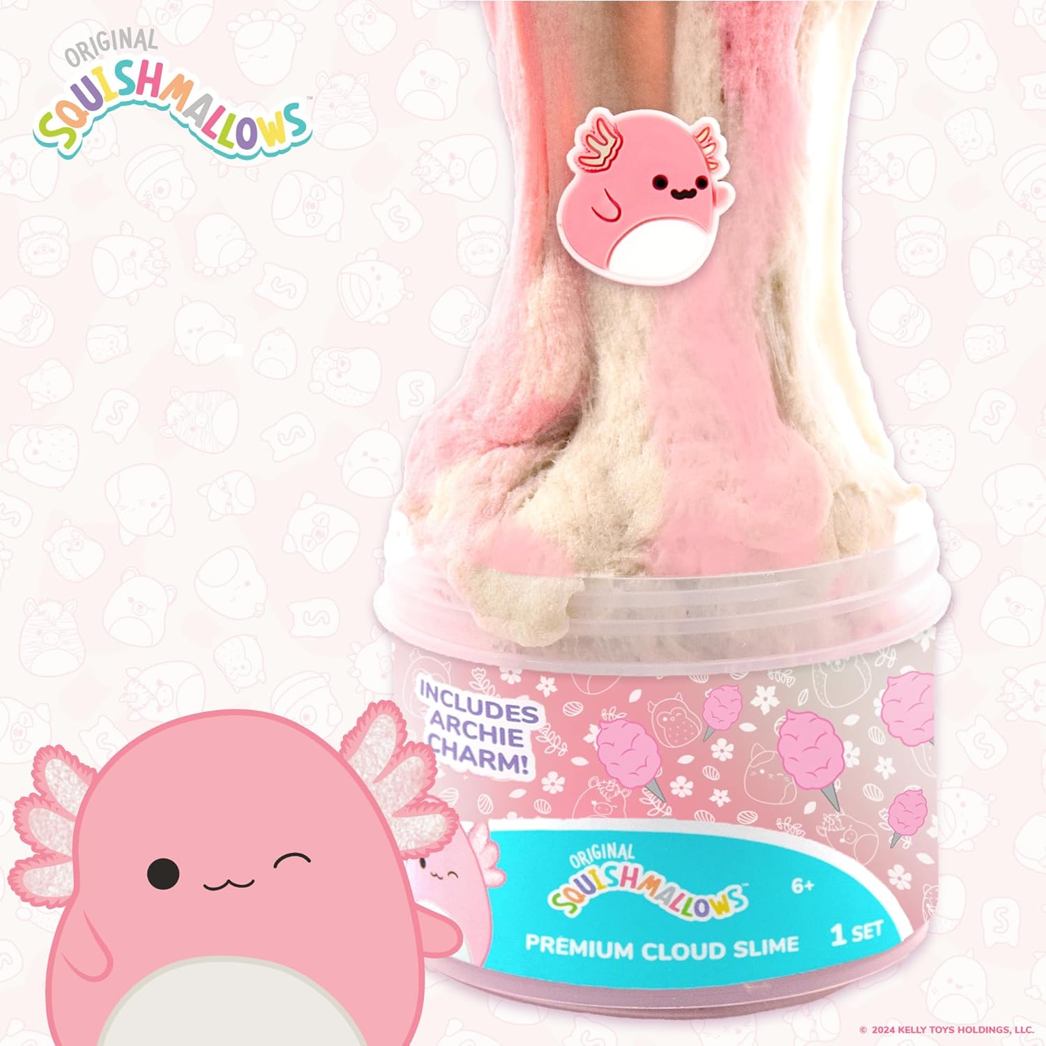Original Squishmallows Archie The Axolotl Premium Cloud Slime, Cotton Candy-Scented, 8 oz., Storage Container with Figurine Topper, Rubber Charm, Goodie Bags Stuffers, Kids Party Favors, Sensory Toys