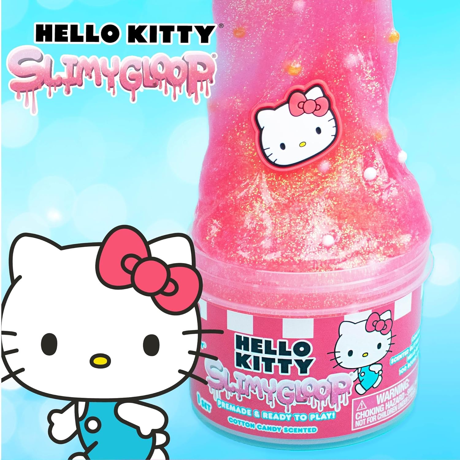 Hello Kitty SLIMYGLOOP Jar, 8 oz Red & White Cotton Candy Scented Slime, Includes Beads & Hello Kitty Charm