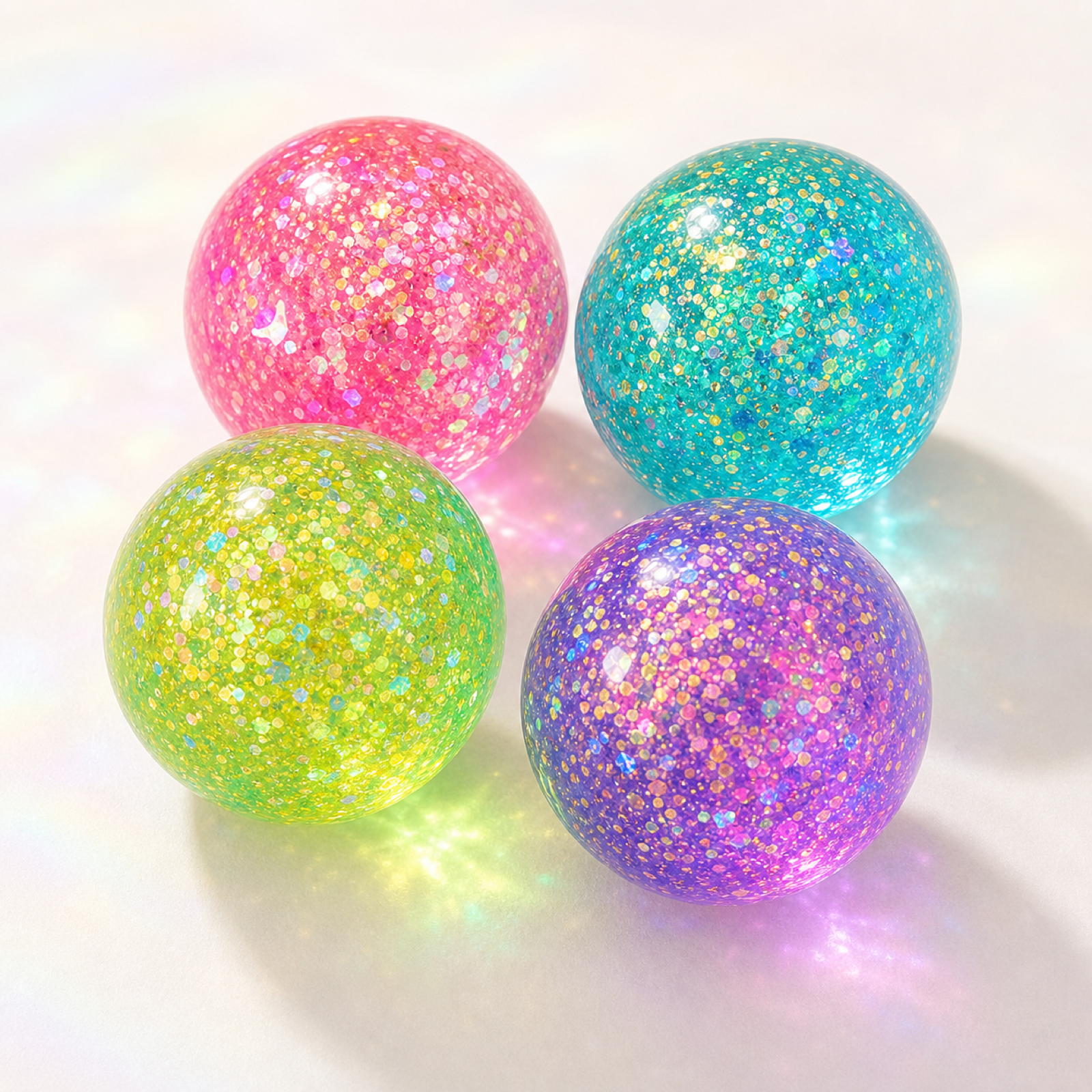 Aurora glitter squeeze balls in colorful translucent gel on a clean background