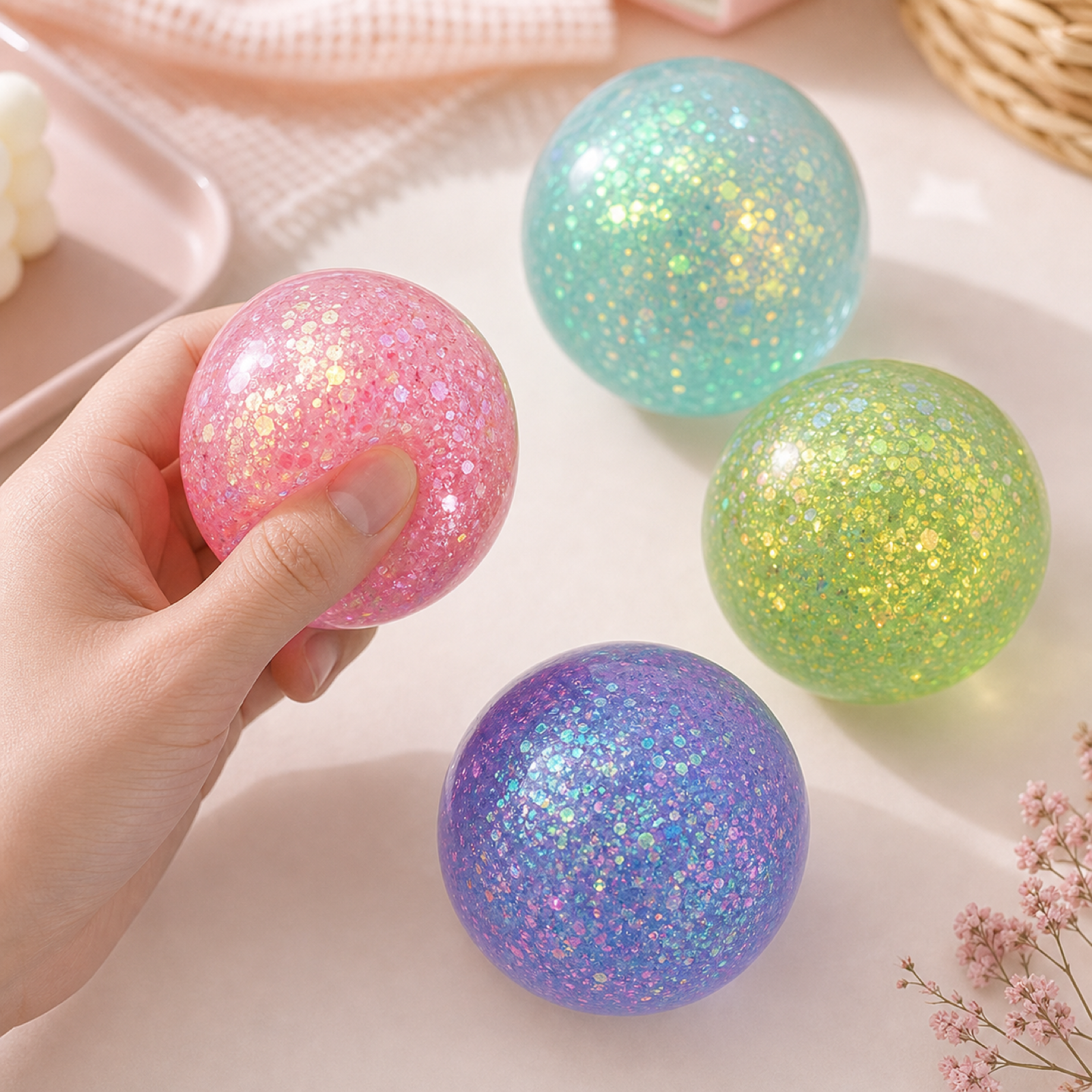 Aurora glitter squeeze balls styled on a cozy pastel desk