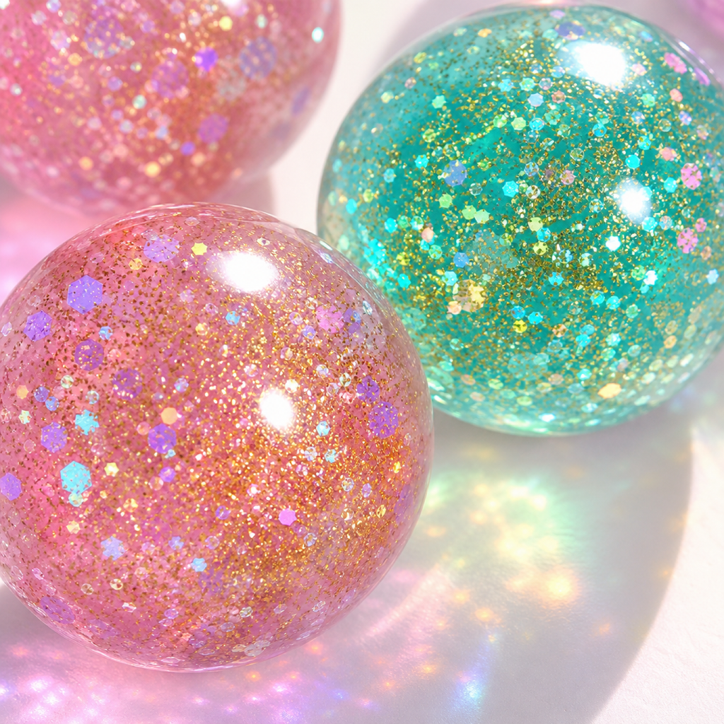 Close-up of translucent aurora glitter squeeze ball texture