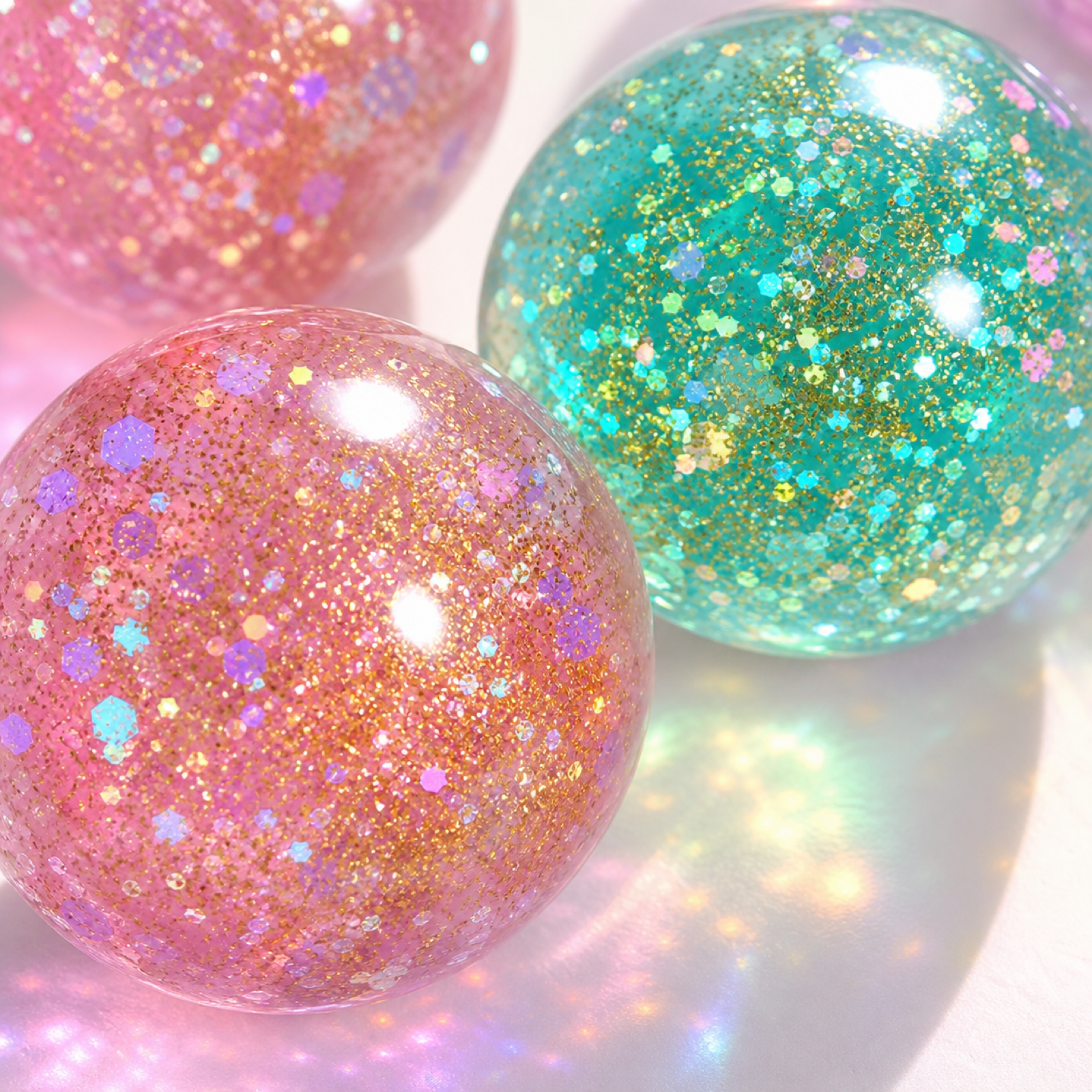 Close-up of translucent aurora glitter squeeze ball texture