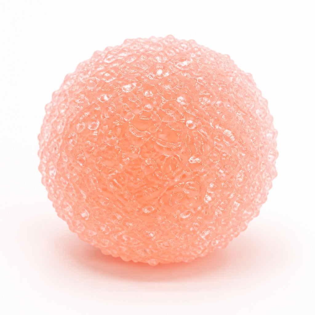 Peach pink crystal mochi squishy stress ball on a clean background