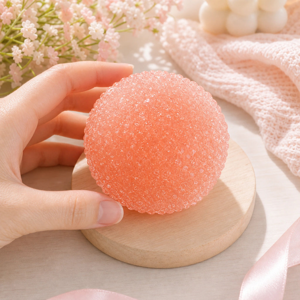 Peach pink crystal mochi stress ball styled on a cozy desk