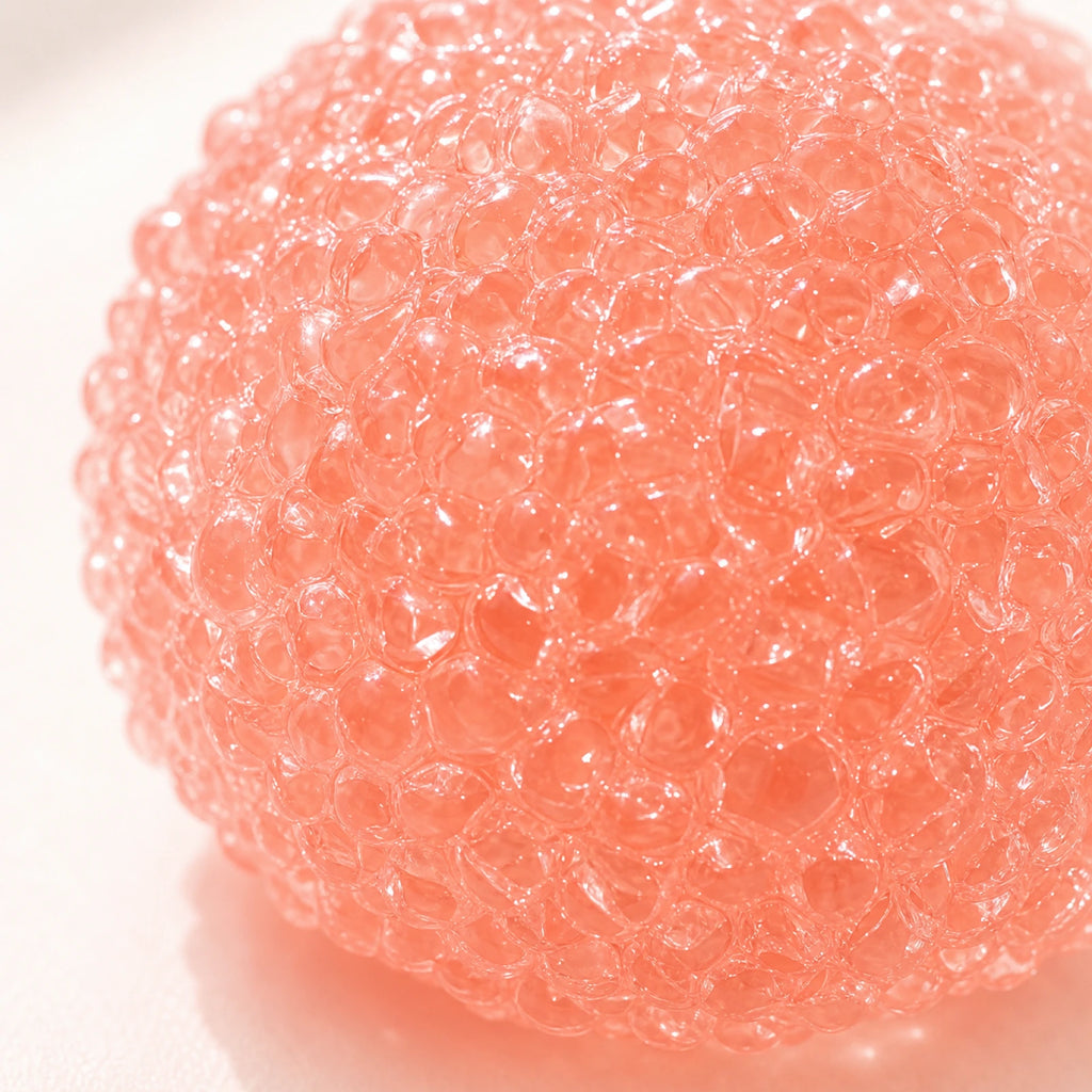 Close-up of peach pink crystal mochi squishy texture