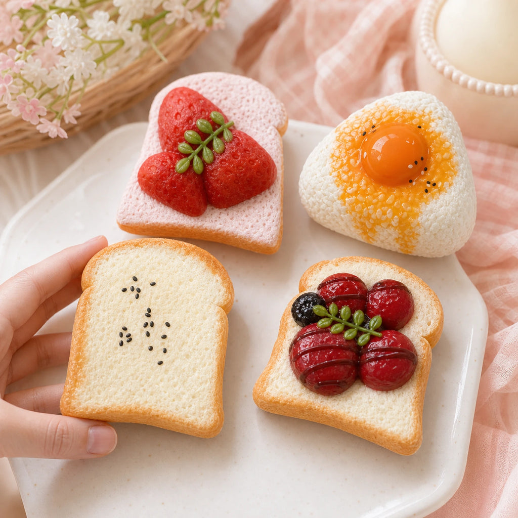 Handmade food-shaped squishy toys styled on a cozy pastel desk