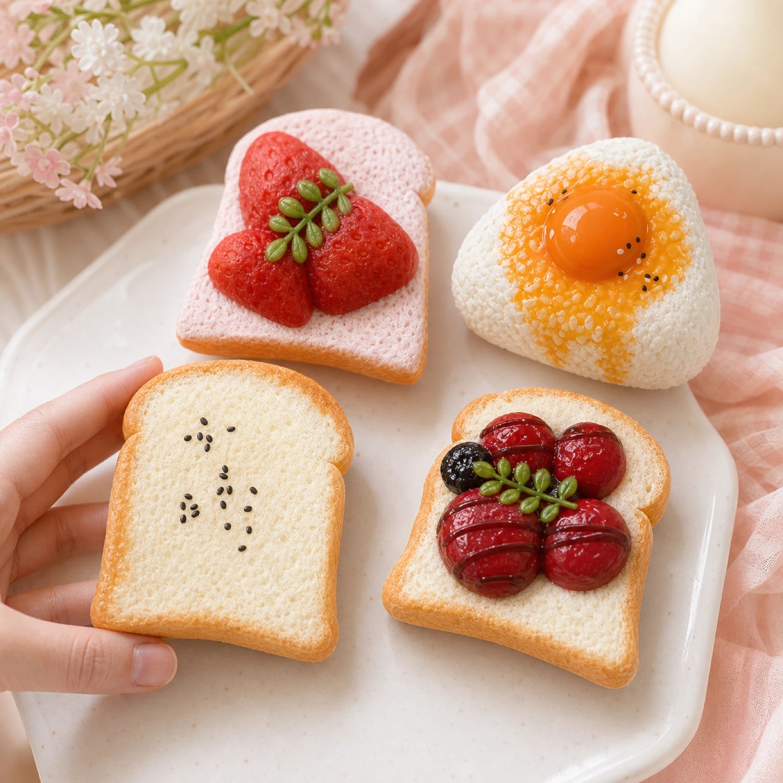 Handmade food-shaped squishy toys styled on a cozy pastel desk