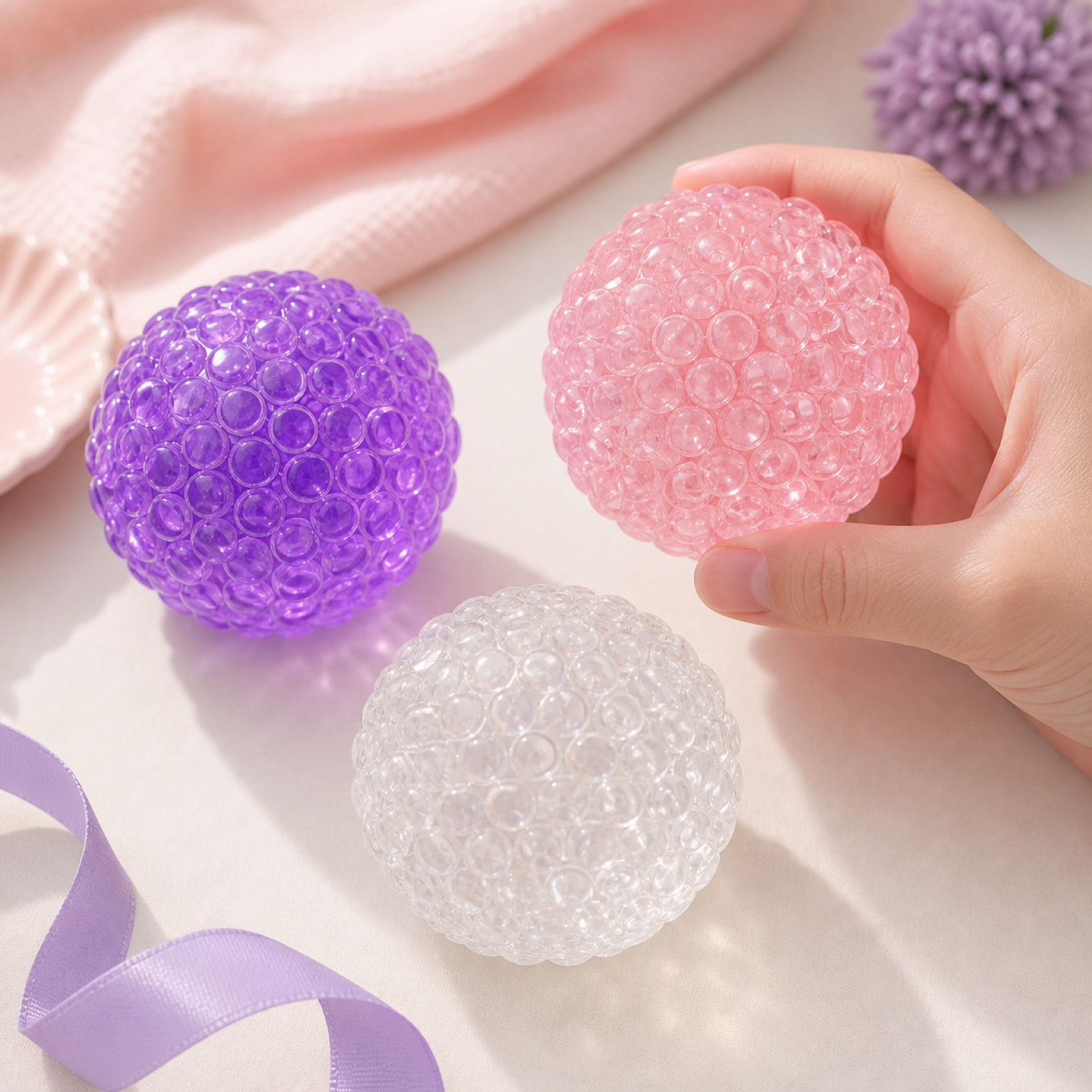 Flat bead chatter ball stress fidgets styled on a cozy pastel desk