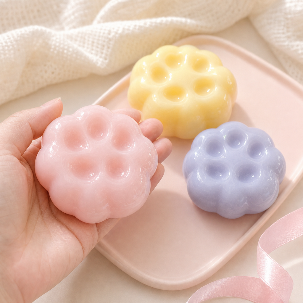 Glossy handmade mochi squishies styled on a cozy pastel desk