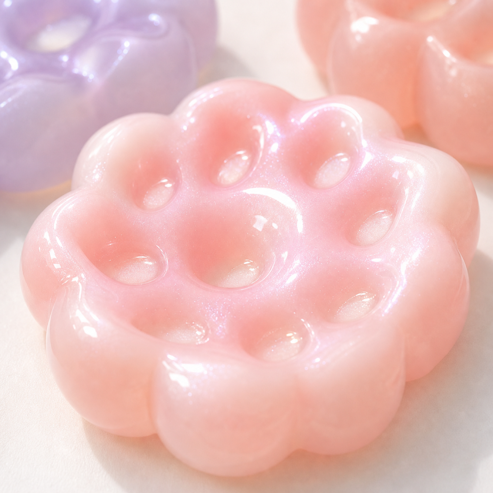 Close-up of glossy handmade mochi squishy dimples and soft texture