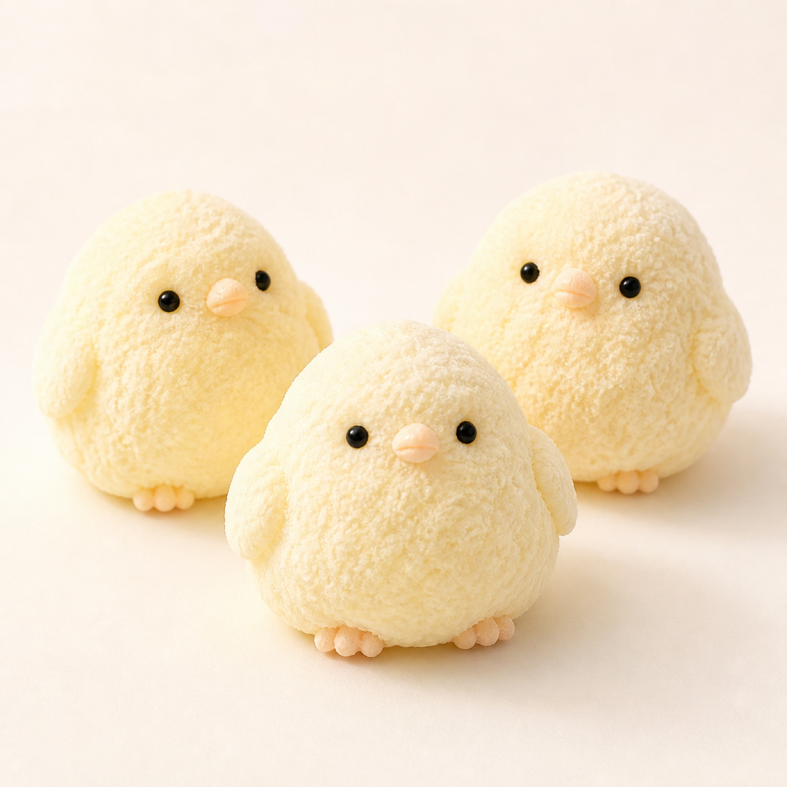 Cream yellow handmade chicken squishy toys on a clean white background