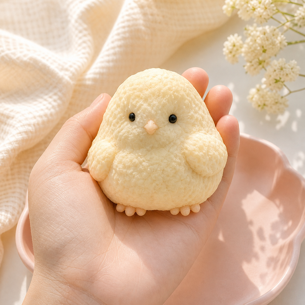 Cream yellow handmade chicken squishy toy styled in a cozy hand-held scene
