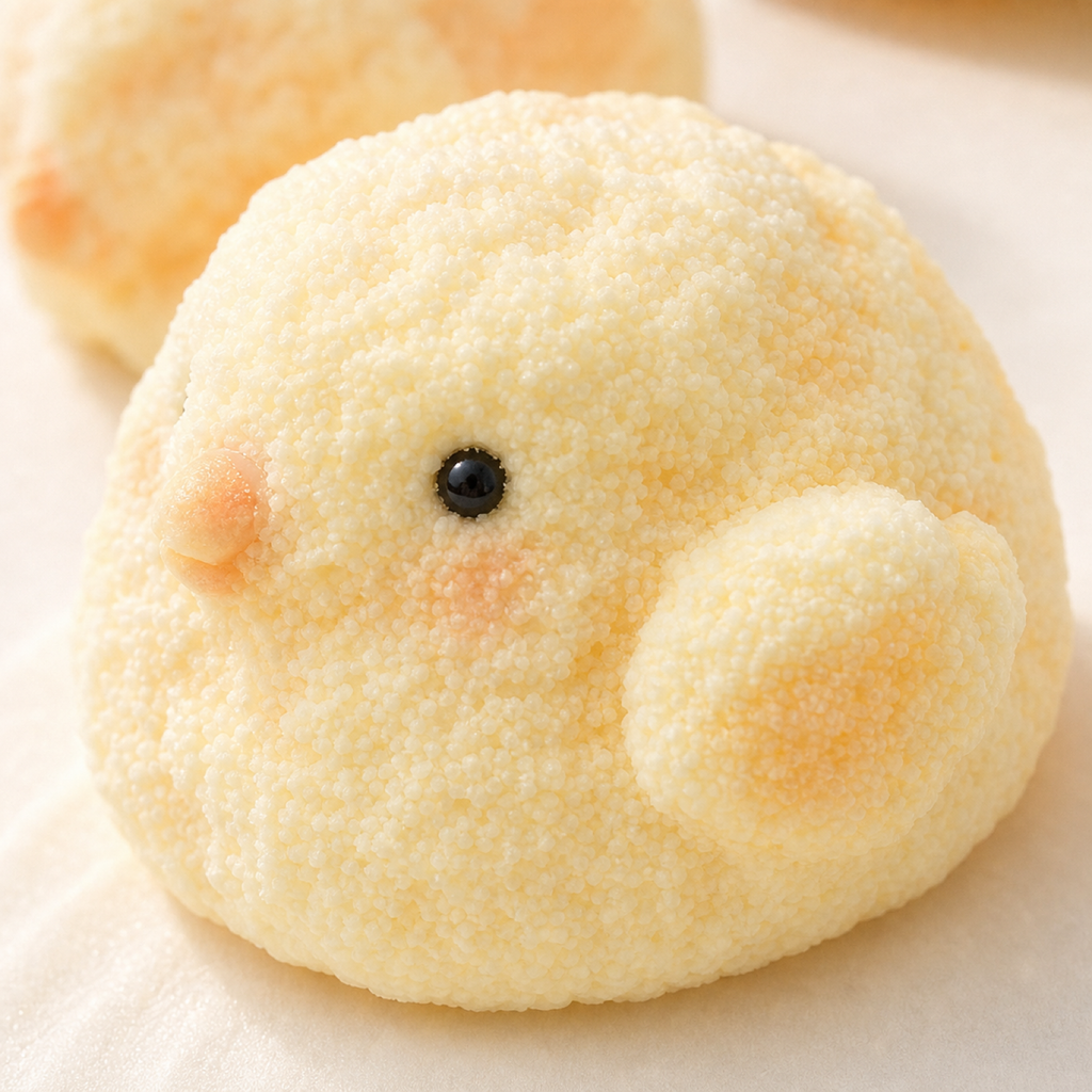 Close-up of handmade chicken squishy toy texture and face details