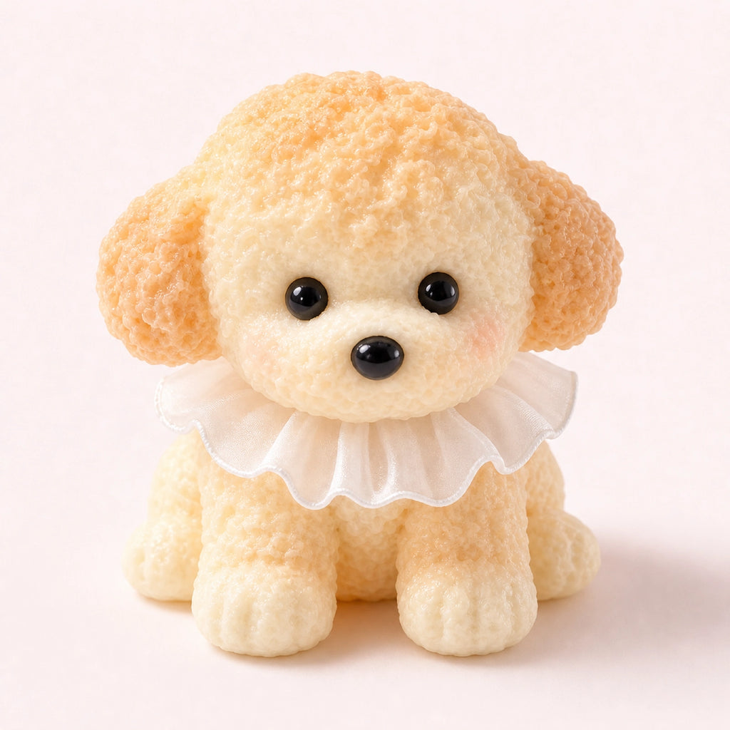 Cream handmade squishy dog toy with white ruffle collar on a clean background