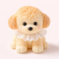 Cream handmade squishy dog toy with white ruffle collar on a clean background