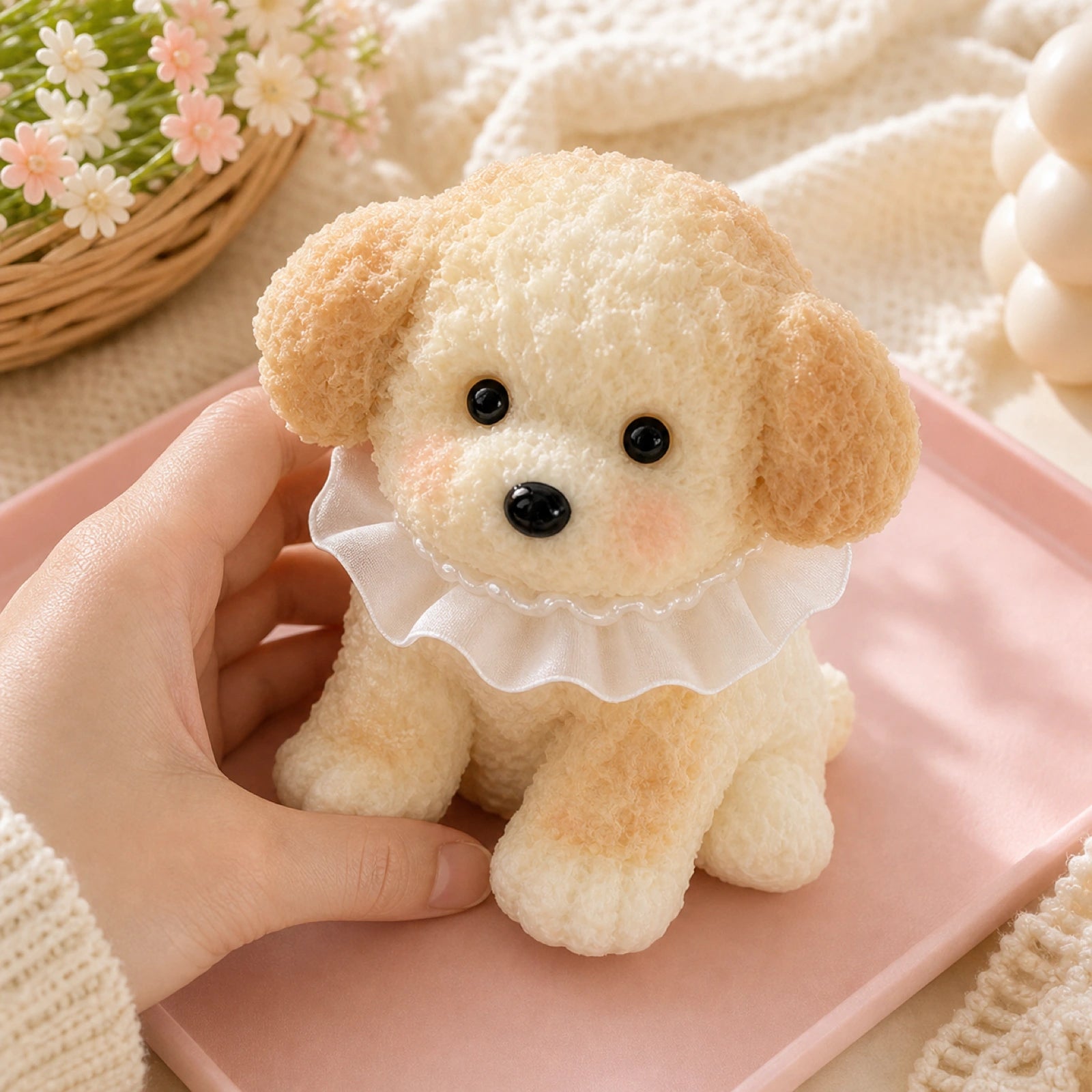 Cream handmade squishy dog toy styled in a cozy pastel scene
