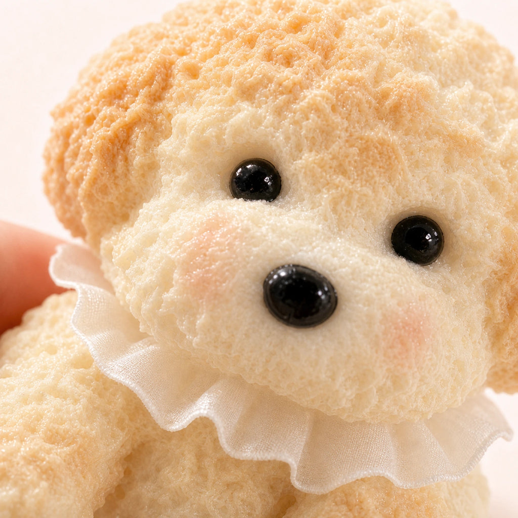 Close-up of handmade squishy dog toy texture and ruffle collar