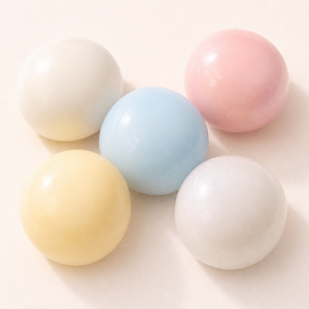 Smooth ice skin mochi stress balls in soft pastel colors on a clean background
