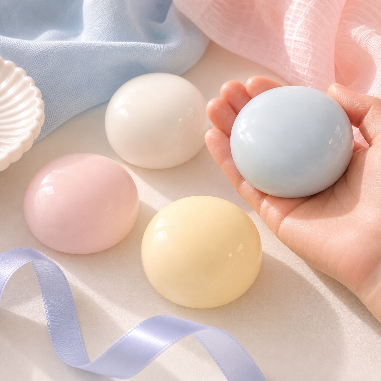 Smooth ice skin mochi stress balls styled on a cozy pastel desk