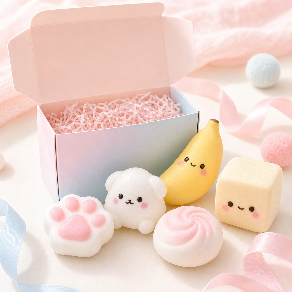 Mystery kawaii squishy gift box with representative soft squishy toys on a clean background