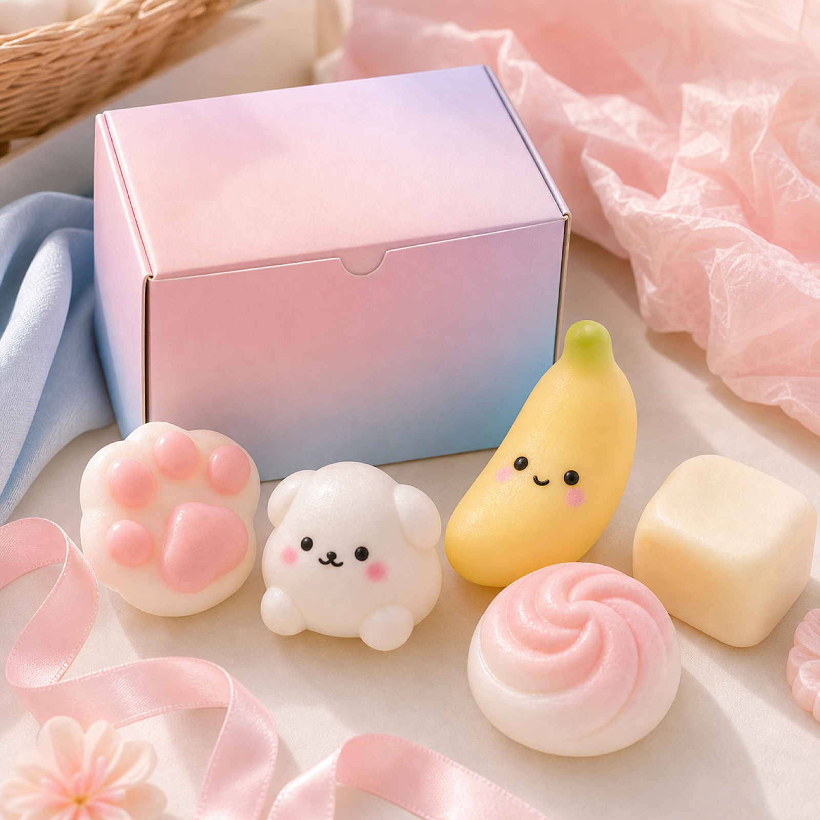 Mystery kawaii squishy toys styled in a cozy pastel gift scene