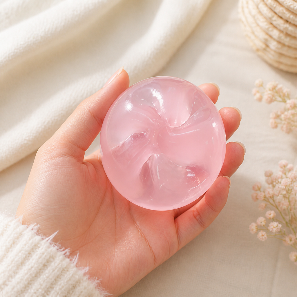 Pink translucent round stress ball held in a soft cozy scene