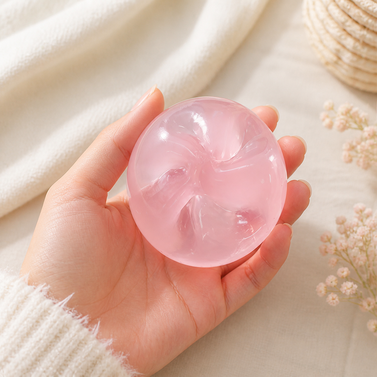 Pink translucent round stress ball held in a soft cozy scene
