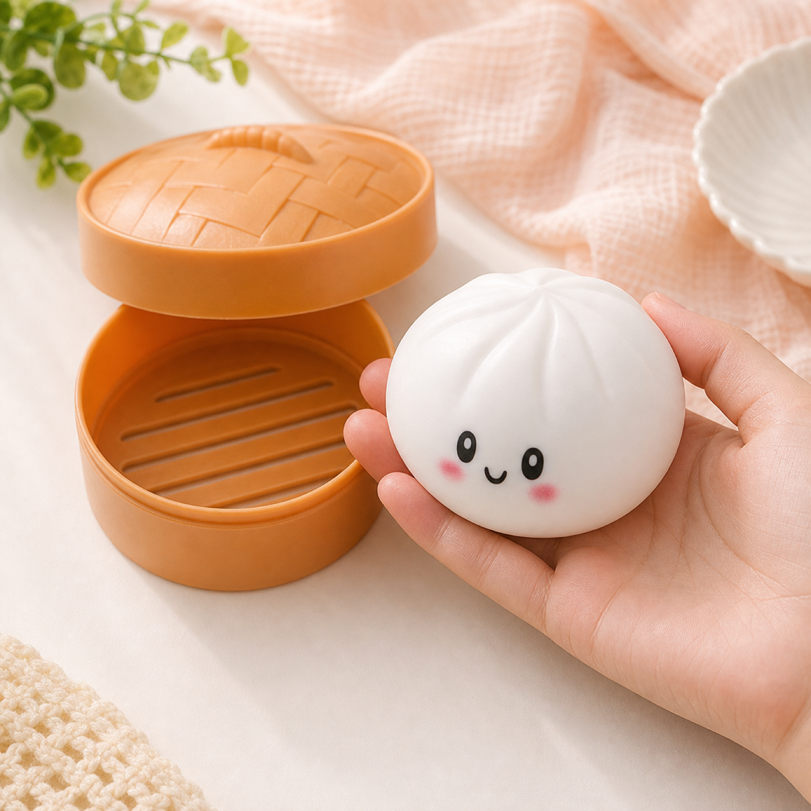 Cute dumpling squishy stress ball styled in a cozy hand-held scene