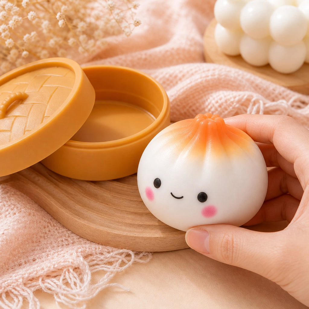 Cute dumpling squishy stress ball styled in a cozy hand-held scene