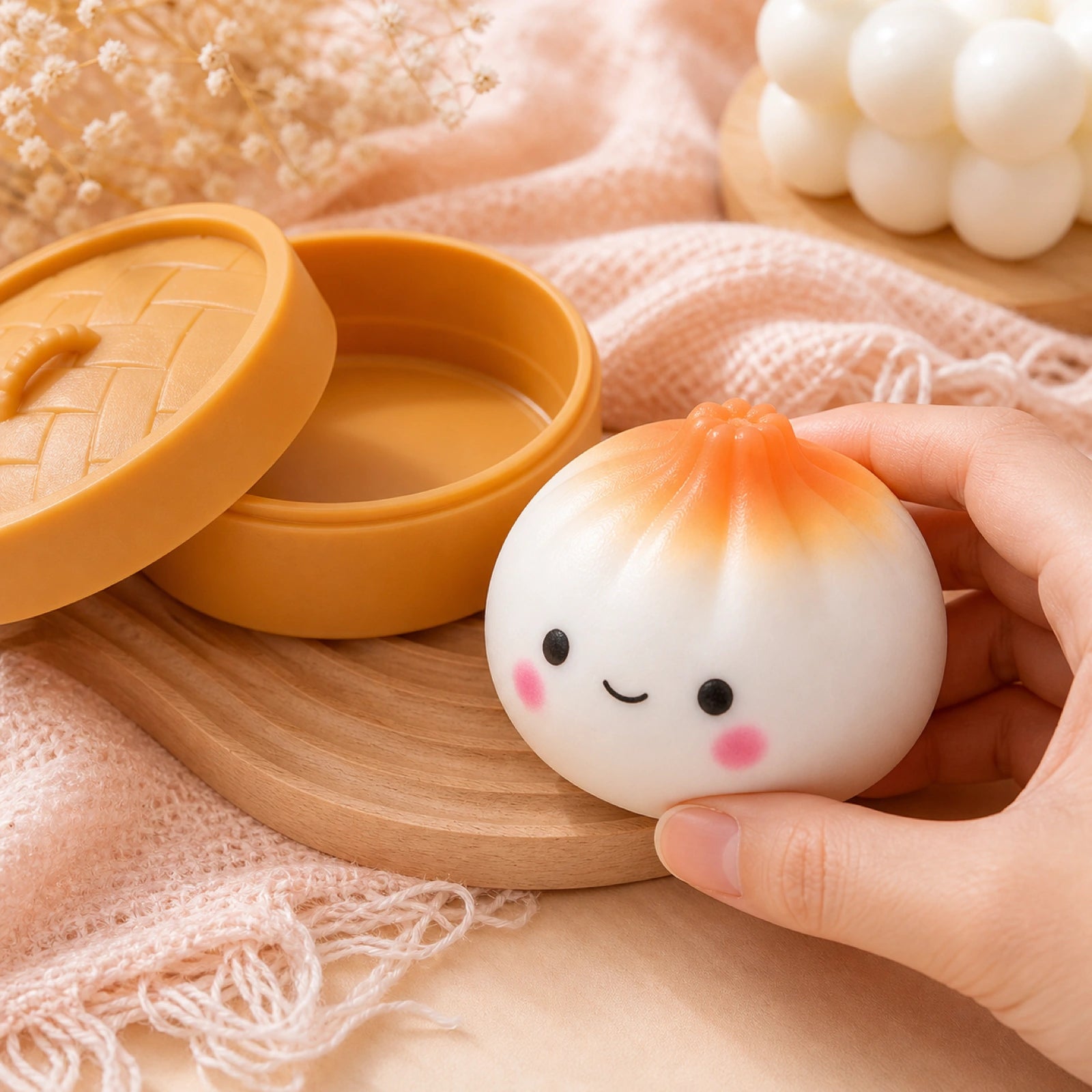 Cute dumpling squishy stress ball styled in a cozy hand-held scene