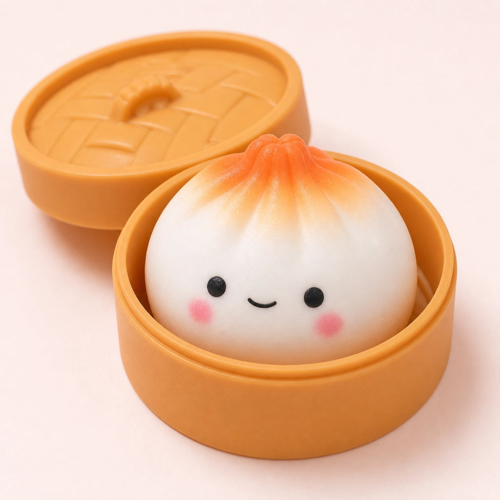 Cute dumpling squishy stress ball in an orange storage box on a clean background