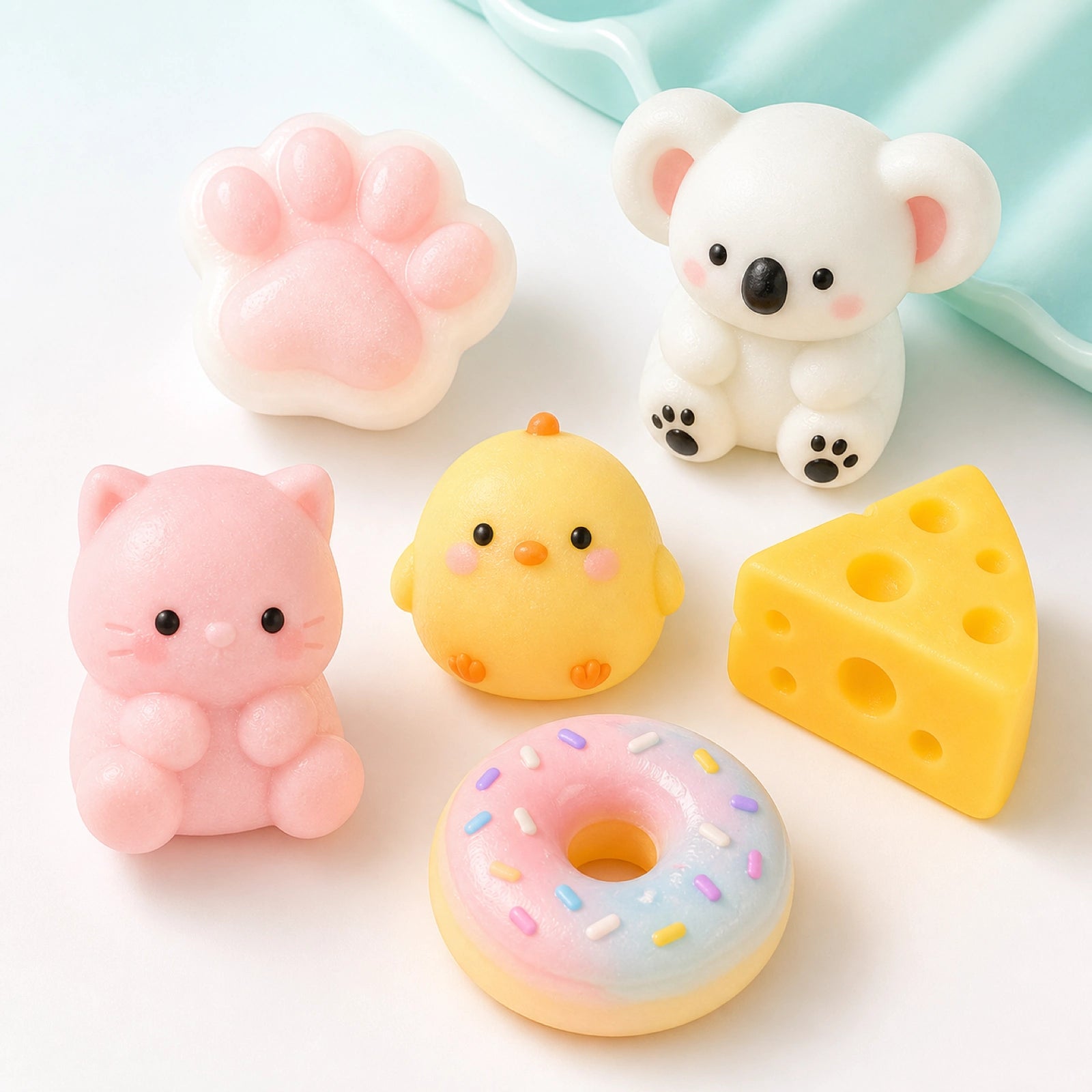 Kawaii animal and food squishy toys arranged on a clean pastel background