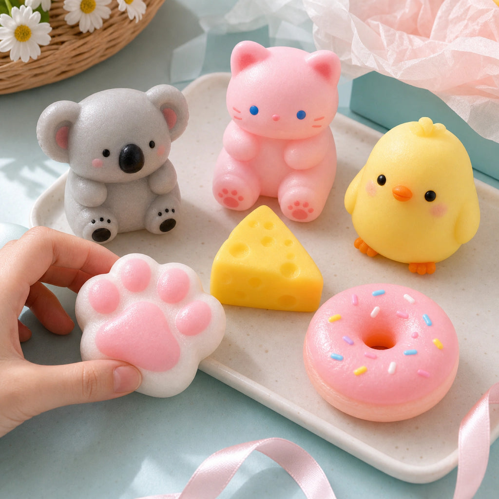 Kawaii animal and food squishy toys styled in a cozy pastel scene