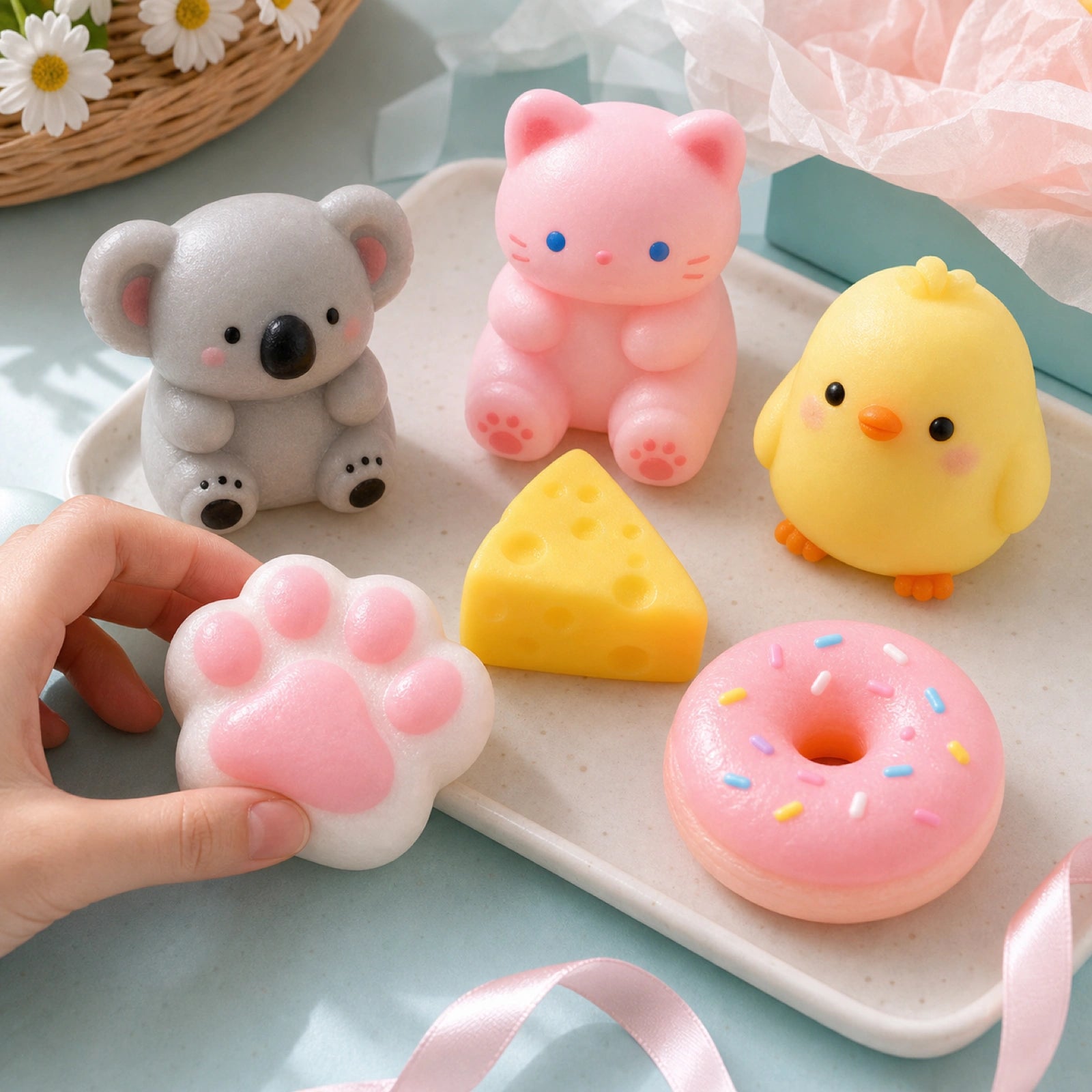 Kawaii animal and food squishy toys styled in a cozy pastel scene