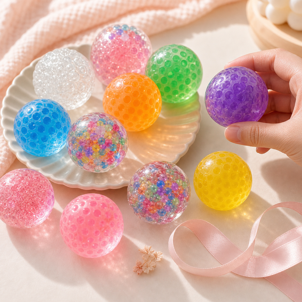 Colorful sensory stress balls styled on a cozy pastel desk