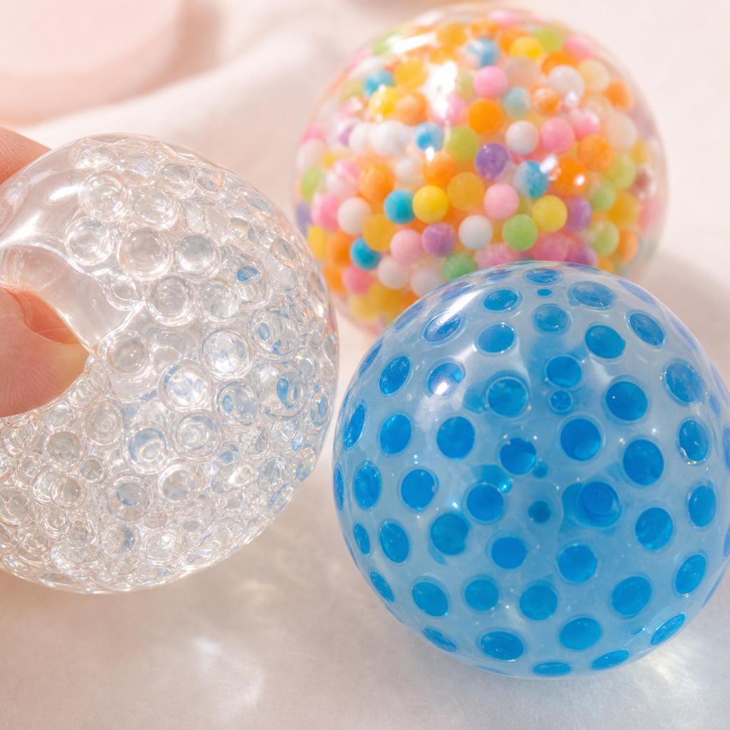 Close-up of translucent bead and dotted stress ball textures