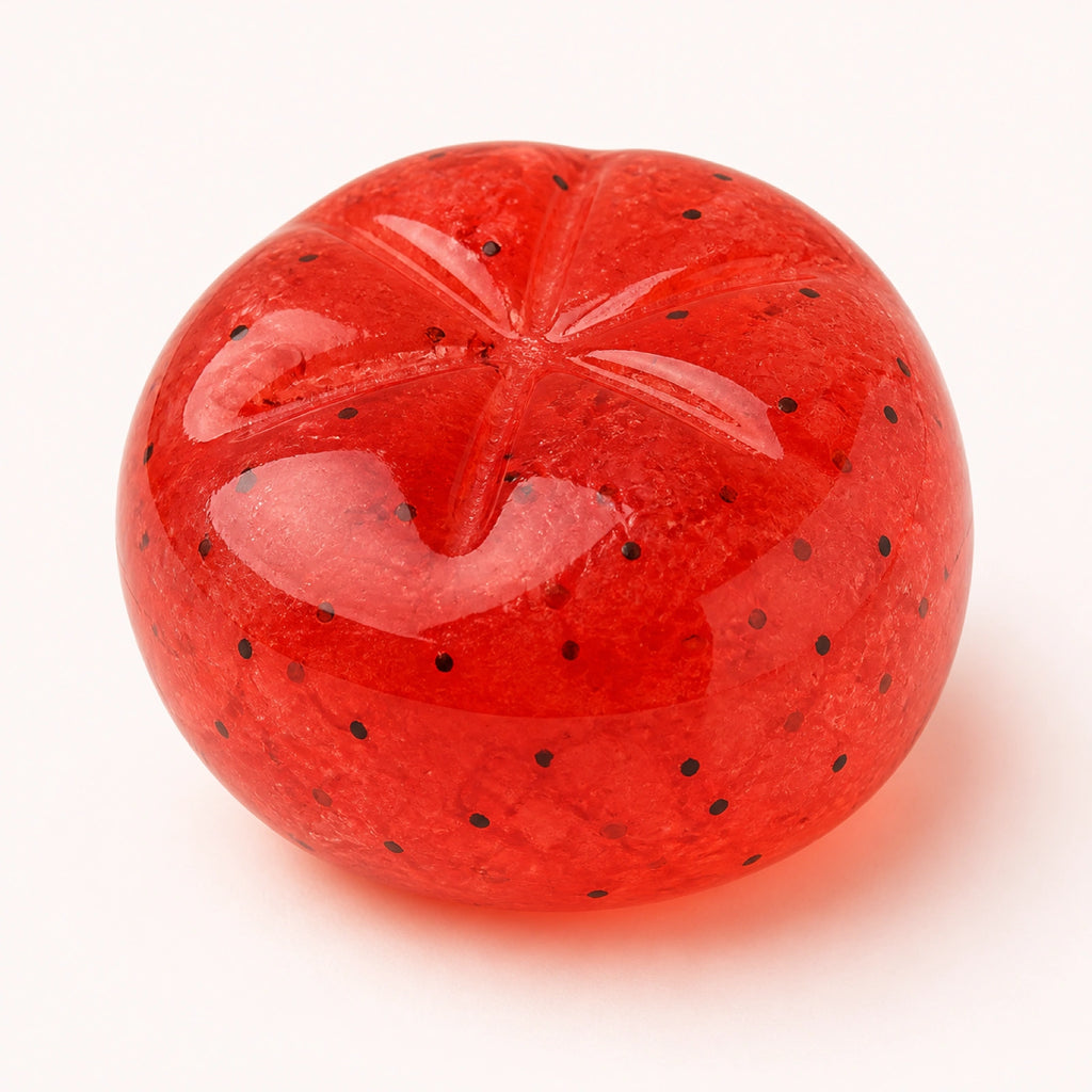 Red strawberry mochi stress ball with translucent jelly texture on a clean background