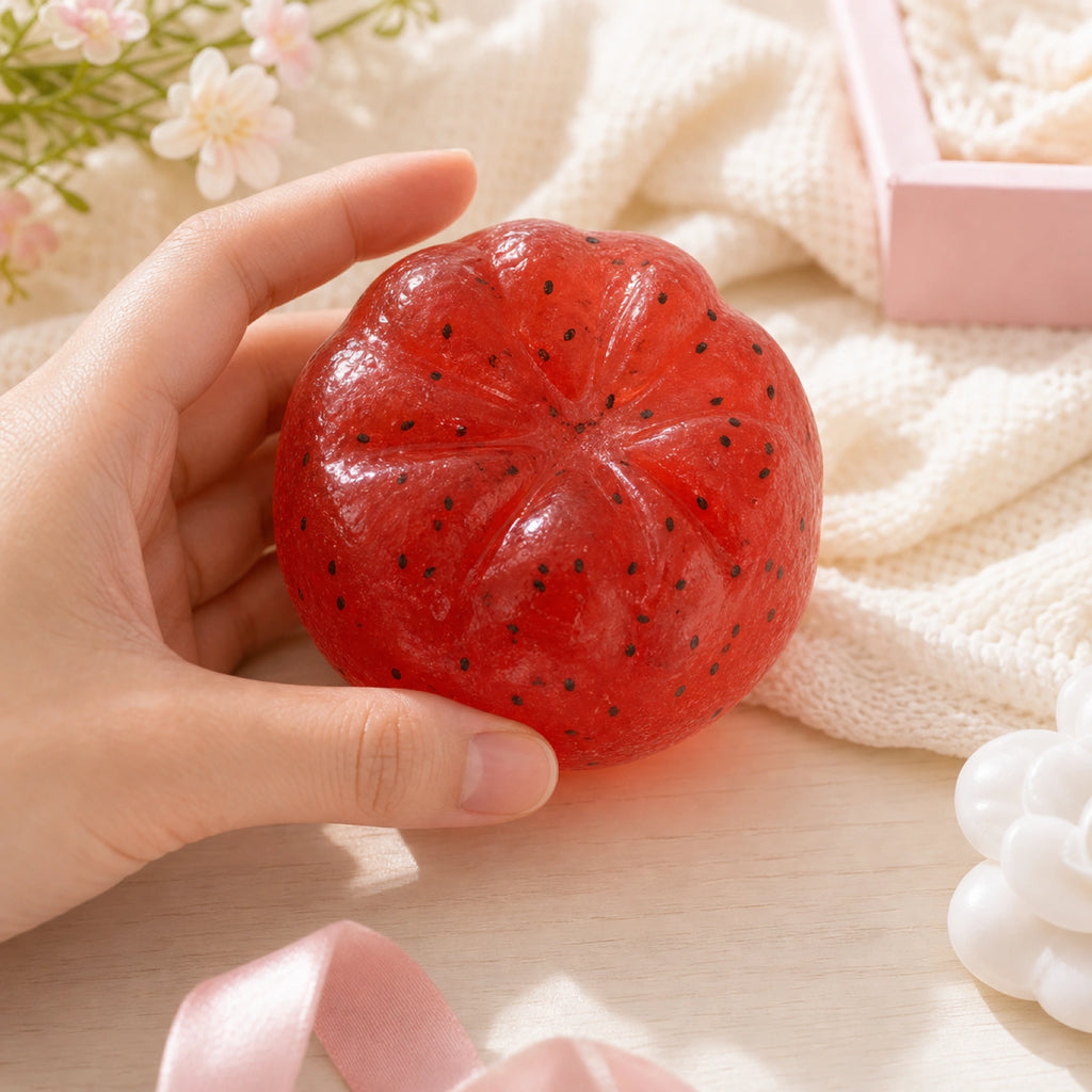 Red strawberry mochi stress ball shown in a cozy hand-held desk scene