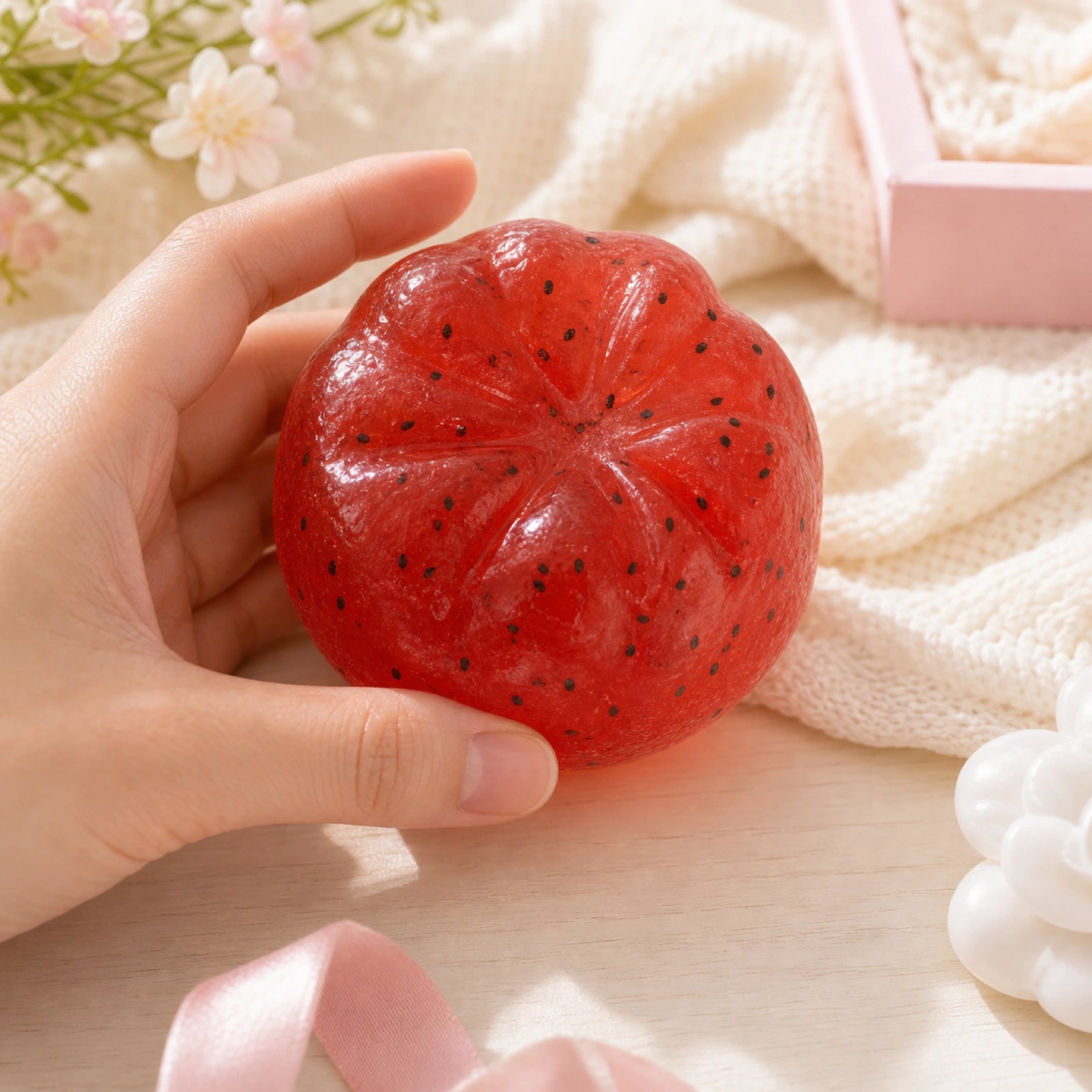 Red strawberry mochi stress ball shown in a cozy hand-held desk scene