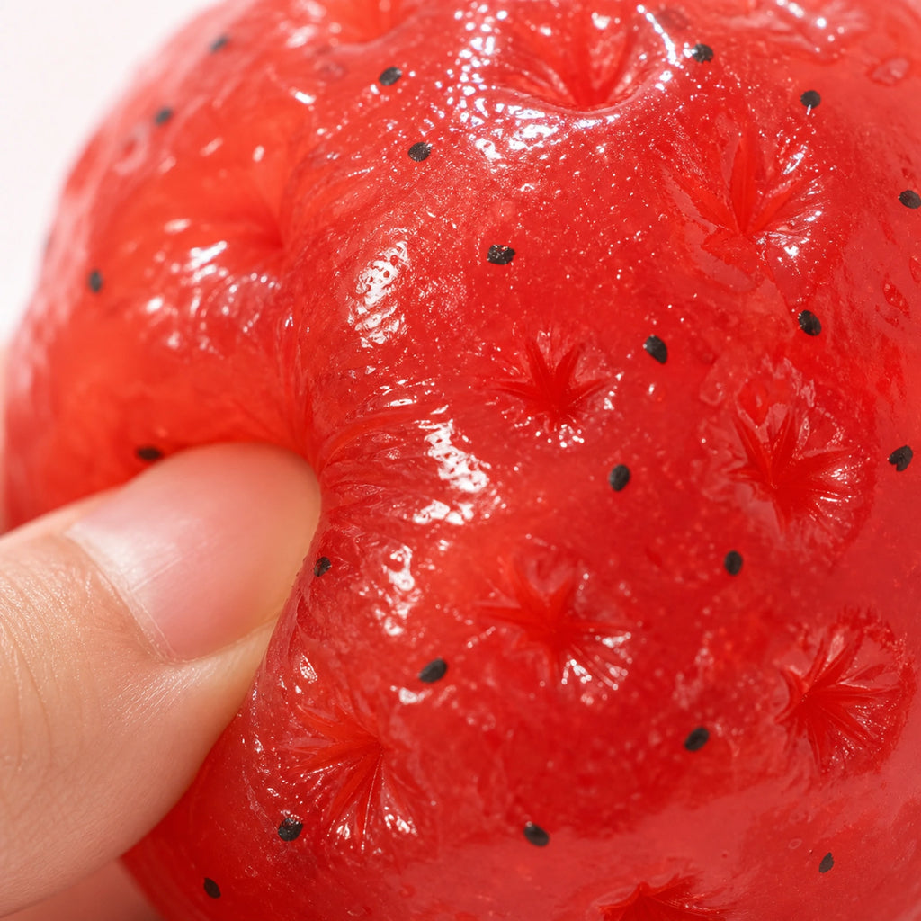 Close-up of red strawberry mochi stress ball texture with seed speckles